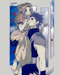 Rule 34 | 1boy, 1girl, absurdres, aerith gainsborough, arm around shoulder, armor, balloon, belt, black belt, black gloves, black hair, black pants, blue eyes, blue sky, bouquet, brown hair, carrying, carrying person, cloud, cloudy sky, commentary, couple, cropped jacket, cross scar, dress, earrings, final fantasy, final fantasy vii, flower, gloves, grey background, hair flower, hair ornament, hair ribbon, hand on another&#039;s head, hand up, happy, heart, heart balloon, hetero, highres, holding, holding bouquet, jacket, jewelry, korean commentary, limited palette, long dress, long hair, looking at another, looking down, looking up, multiple belts, nul, open clothes, open jacket, pants, parted bangs, pauldrons, photo background, pink dress, pink ribbon, ponytail, red jacket, ribbon, scar, scar on face, short hair, shoulder armor, signature, sky, sleeveless, sleeveless turtleneck, smile, spiked hair, spoken heart, standing, stud earrings, suspenders, turtleneck, wavy hair, yellow flower, zack fair