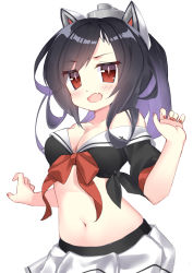 Rule 34 | absurdres, animal ears, asymmetrical bangs, azur lane, bare shoulders, black hair, blush, bow, breasts, cleavage, contrapposto, cowboy shot, crop top, dy kai, fake animal ears, fang, hand up, headgear, highres, long hair, looking at viewer, medium breasts, midriff, nail polish, navel, off-shoulder shirt, off shoulder, open mouth, parted bangs, pleated skirt, red bow, red eyes, red nails, shigure (azur lane), shirt, short sleeves, simple background, skirt, slit pupils, swept bangs, tied shirt, white background, white skirt