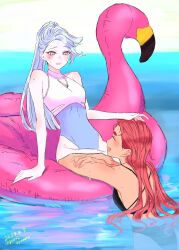 Rule 34 | 2girls, alternate hairstyle, bikini, black bikini, blue one-piece swimsuit, blush, closed eyes, commentary request, dated, day, gundam, gundam suisei no majo, hand on another&#039;s head, highres, inflatable flamingo, long hair, miorine rembran, multiple girls, ocean, one-piece swimsuit, open mouth, outdoors, parted lips, pink eyes, pink one-piece swimsuit, ponytail, purple eyes, red hair, smile, suletta mercury, swimsuit, thick eyebrows, twitter username, wet, white hair, yuri, yuri kyanon