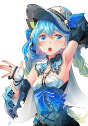 Rule 34 | 1girl, armpits, bare shoulders, blue bow, blue eyes, blue hair, bow, braid, breasts, bridal gauntlets, collarbone, commentary request, detached sleeves, dress, gradient hair, green hair, hair between eyes, hat, highres, long sleeves, looking at viewer, low twintails, multicolored hair, open mouth, original, saraki, simple background, small breasts, solo, striped, striped bow, teeth, twin braids, twintails, upper teeth only, white background, white dress, white hat, wide sleeves
