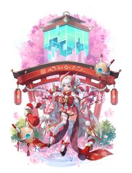Rule 34 | 1girl, absurdres, bell, commentary, commentary request, highres, holding, horns, japanese clothes, jingle bell, kagura suzu, laevan, long hair, looking at viewer, miko, oni, oni horns, original, platform clogs, red eyes, shrine, smile, solo, torii, white hair, wide sleeves