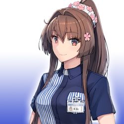 Rule 34 | 1girl, breasts, brown eyes, brown hair, cherry blossoms, employee uniform, female focus, flower, hair flower, hair ornament, hairband, id card, kantai collection, large breasts, lawson, long hair, looking at viewer, matching hair/eyes, medium breasts, name tag, official art, ponytail, shirt, shizuma yoshinori, smile, solo, store clerk, striped clothes, striped shirt, uniform, upper body, vertical-striped clothes, vertical-striped shirt, yamato (kancolle)