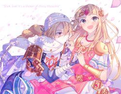 Rule 34 | 1boy, 1girl, adjusting scarf, armor, bandaged arm, bandages, blonde hair, blue eyes, border, braid, cherry blossoms, covered mouth, dress, earrings, english text, fingerless gloves, genderswap, genderswap (ftm), gloves, gold trim, grin, hand on another&#039;s hand, jewelry, long hair, miri (cherryjelly), multicolored clothes, multicolored dress, necklace, nintendo, open mouth, pink dress, pointy ears, princess zelda, red eyes, scarf, sheik, sheikah, short sleeves, smile, super smash bros., surcoat, the legend of zelda, the legend of zelda: a link between worlds, the legend of zelda: ocarina of time, tiara, triforce earrings, upper body, white border, white dress, white headwear