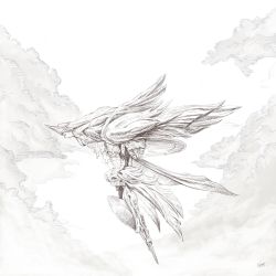 Rule 34 | cam (cammero95713700), cloud, cloudy sky, crystal, eden (final fantasy), final fantasy, final fantasy xiv, flying, greyscale, hatching (texture), highres, monochrome, monster, multiple wings, no humans, signature, sketch, sky, wings