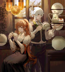 Rule 34 | 1boy, 1girl, absurdres, antlers, black dress, black pants, black vest, braid, brown eyes, brown hair, cake, cake slice, closed mouth, collared shirt, commentary request, cup, dress, dress shirt, food, fruit, green eyes, hair between eyes, highres, holding, holding cup, holding tray, horns, indoors, licking lips, long hair, long sleeves, ori (momonimo), original, pants, plate, pointy ears, ponytail, puffy long sleeves, puffy short sleeves, puffy sleeves, shirt, short sleeves, sitting, smile, standing, strawberry, teapot, tongue, tongue out, tray, twin braids, very long hair, vest, white hair, white shirt, wide sleeves, window
