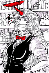 Rule 34 | 1girl, absurdres, balancing, barmaid, bow, bowtie, breasts, cabinet, cuffs, cup, female focus, gourd, grin, hand on own hip, highres, horns, hoshiguma yuugi, ibuki suika, long hair, medium breasts, monochrome, one eye closed, sakazuki, shackles, single horn, smile, solo, spot color, touhou, tres-iques, vest, wink