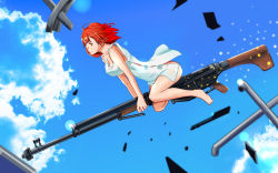 Rule 34 | 1girl, bare shoulders, blush, bottomless, breasts, cleavage, closed mouth, collarbone, covered erect nipples, flying, groin, gun, highres, iwanishi, izetta, large breasts, no bra, no panties, red eyes, red hair, rifle, short hair, shuumatsu no izetta, sky, solo, weapon