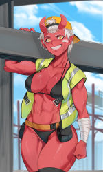 Rule 34 | 1girl, abs, absurdres, arm wrap, backwards hat, bandaid, bandaid on cheek, bandaid on face, baseball cap, belt, belt pouch, bikini, black bikini, black thighhighs, blue sky, breasts, brown belt, caprara, carrying, carrying over shoulder, cleavage, clenched hand, collarbone, colored skin, commentary, commission, construction site, construction worker, cowboy shot, day, english commentary, grin, hair between horns, hat, high-visibility vest, highres, horns, large breasts, muscular, muscular female, navel, oni, open clothes, open vest, orange eyes, orange hat, original, over-kneehighs, pointy ears, pouch, red oni, red skin, short hair, skin-covered horns, sky, smile, solo, spaghetti strap, steel beam, strap gap, strong, sweat, swimsuit, thick thighs, thighhighs, thighs, tomboy, vest, walking