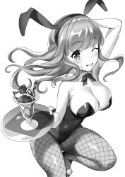 Rule 34 | 1girl, absurdres, akamoku, animal ears, blunt bangs, bow, bowtie, breasts, cleavage, commentary request, cowboy shot, detached collar, fake animal ears, fishnet pantyhose, fishnets, girls und panzer, greyscale, highres, leotard, long hair, medium breasts, monochrome, one eye closed, pantyhose, parfait, playboy bunny, rabbit ears, rabbit tail, simple background, solo, standing, standing on one leg, strapless, strapless leotard, tail, takebe saori, tray