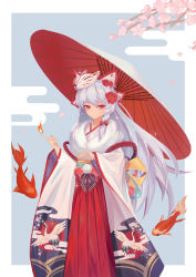 Rule 34 | 1girl, absurdres, alternate costume, bow, cherry blossoms, closed mouth, commentary, egasumi, eyebrows hidden by hair, feet out of frame, fire, fish, fire, flower, fox mask, fujiwara no mokou, grey hair, hair flower, hair ornament, hakama, hakama skirt, highres, japanese clothes, kimono, long hair, long sleeves, looking at viewer, mask, mask on head, oil-paper umbrella, red bow, red eyes, red flower, red hakama, red skirt, single sidelock, skirt, smile, solo, split mouth, touhou, umbrella, very long hair, waist bow, wide sleeves, yongzhe mei hong
