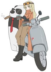 Rule 34 | 1girl, belt, black footwear, blonde hair, boots, brown belt, brown pants, character request, cigar, coffee mug, copyright request, cup, goggles, goggles on head, highres, holding, holding cup, long hair, looking at viewer, motor vehicle, motorcycle, mug, panda, pants, red neckwear, red scarf, scarf, smoke, solo, sunglasses, yoyohachi
