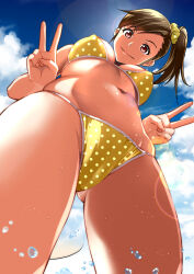 Rule 34 | 1girl, absurdres, bikini, blue sky, breasts, brown hair, closed mouth, cloud, covered erect nipples, cowboy shot, day, double v, from below, futami mami, hair ornament, hair scrunchie, hands up, highres, idolmaster, idolmaster (classic), idolmaster million live!, idolmaster million live! theater days, itachou, lens flare, long hair, looking at viewer, looking down, navel, polka dot, polka dot bikini, scrunchie, side ponytail, sky, small breasts, smile, solo, splashing, sunlight, swimsuit, v, water, wet, yellow bikini, yellow scrunchie