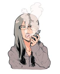 Rule 34 | 1girl, commentary request, electronic cigarette, glasses, highres, hood, hoodie, kotoyama, long hair, looking at viewer, open mouth, original, simple background, smoking, solo, white background