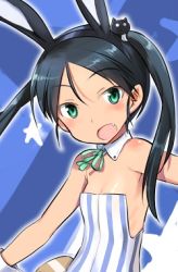 Rule 34 | 1girl, animal ears, bare shoulders, black hair, blush, fang, francesca lucchini, green eyes, hairband, long hair, looking at viewer, lowres, open mouth, ribbon, shimada fumikane, smile, solo, strike witches, twintails, world witches series