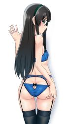 Rule 34 | 1girl, ass, ass cutout, black hair, black thighhighs, blue bra, blue panties, bra, breasts, butt crack, clothing cutout, cowboy shot, from behind, garter belt, garter straps, green eyes, hairband, heart cutout, highres, kantai collection, keyhole panties, long hair, looking at viewer, mikan 29344886, ooyodo (kancolle), panties, panties over garter belt, semi-rimless eyewear, simple background, small breasts, solo, standing, thigh gap, thighhighs, under-rim eyewear, underwear, underwear only, white background