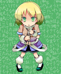 Rule 34 | 1girl, :&lt;, angry, blonde hair, chibi, female focus, frown, green eyes, maiku, mizuhashi parsee, pigeon-toed, solo, teardrop, tears, touhou, wall of text, straw doll