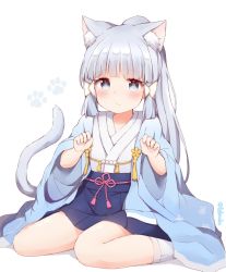 Rule 34 | 1girl, aged down, animal ears, ayaka (genshin impact), blunt bangs, cat ears, cat girl, cat tail, commentary request, genshin impact, grey eyes, grey hair, hair tubes, hakama, hakama skirt, japanese clothes, kemonomimi mode, long hair, long sleeves, looking at viewer, mole, mole under eye, paw pose, ponytail, sidelocks, simple background, sitting, skirt, solo, tail, tutsucha illust, wariza, white background, wide sleeves