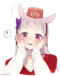 Rule 34 | 1girl, ?, animal ears, blush, choker, ggubii0225, gold ship (umamusume), grey hair, hands on another&#039;s cheeks, hands on another&#039;s face, highres, horse ears, long hair, long sleeves, looking at viewer, motion lines, parted lips, pink eyes, pov, pov hands, red shirt, shirt, spoken question mark, twitter username, umamusume, upper body, white background