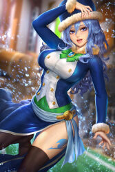 Rule 34 | 1girl, black thighhighs, blue brooch, blue eyes, blue hair, blue headwear, blue skirt, blurry, blurry background, body markings, bow, bowtie, breasts, buttons, commentary, double-breasted, english commentary, fairy tail, fur-trimmed headwear, fur-trimmed jacket, fur trim, green bow, green bowtie, highres, jacket, juvia lockser, large breasts, long hair, mixed-language commentary, multicolored clothes, multicolored jacket, neoartcore, paid reward available, parted lips, patreon username, skirt, solo, thai commentary, thighhighs, water