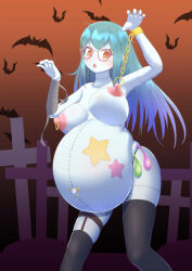 Rule 34 | 1girl, absurdres, aqua hair, bat (animal), big belly, black thighhighs, body writing, breasts, brown eyes, claw pose, condom, female focus, glasses, halloween, highres, kogairoku, large breasts, long hair, looking at viewer, nipple piercing, nipple rings, nude, open mouth, original, piercing, pregnant, solo, standing, stitches, tally, thighhighs, used condom, zombie girl