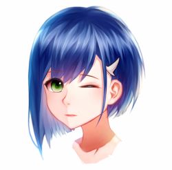 Rule 34 | 10s, 1girl, bad id, bad pixiv id, blue hair, closed mouth, darling in the franxx, ewig, green eyes, hair ornament, hairclip, highres, ichigo (darling in the franxx), painttool sai, portrait, short hair, simple background, solo, white background