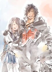 Rule 34 | 1boy, 1girl, arm around shoulder, beard, black cape, black hair, braid, cape, claws, clive rosfield, closed eyes, dog, facial hair, final fantasy, final fantasy xvi, grey fur, grey hair, hand on another&#039;s chest, happy, highres, hood, hooded cape, jill warrick, laughing, leather vest, long hair, low-tied long hair, open mouth, rin asano, scar, scar on face, single braid, smile, torgal (ff16)