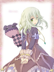 Rule 34 | &gt; &lt;, 1girl, arms behind back, blonde hair, border, bow, creature, dress, elize lutus, closed eyes, frills, gathers, green eyes, jewelry, looking back, outside border, pendant, pink border, ribbon, short hair, solo, soukuu kizuna, tales of (series), tales of xillia, teepo (tales), white background