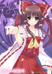 Rule 34 | 1girl, brown eyes, brown hair, cherry blossoms, detached sleeves, female focus, gradient background, hakurei reimu, imperishable night, japanese clothes, miko, nishimata aoi, ribbon, skirt, solo, touhou