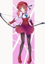 Rule 34 | 00s, 1girl, bad id, bad pixiv id, beret, blush, bow, bow (weapon), breasts, compound bow, hat, highres, holding, holding bow (ornament), holding weapon, looking at viewer, m.o.m.o., nora-uni, pantyhose, pink hair, pleated skirt, purple background, ribbon, shoes, skirt, solo, standing, weapon, xeno (series), xenosaga, xenosaga episode iii