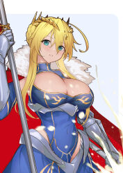 Rule 34 | 1girl, absurdres, artoria pendragon (fate), artoria pendragon (lancer) (fate), blonde hair, blush, braid, braided bun, breasts, cape, cleavage, covered navel, crown, fate/grand order, fate (series), french braid, fur-trimmed cape, fur trim, gloves, green eyes, hair bun, highres, holding, holding weapon, large breasts, long hair, looking at viewer, rhongomyniad (fate), sidelocks, simple background, skirt, solo, ura illust, weapon