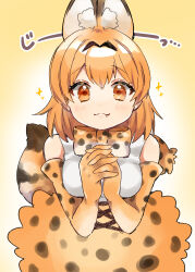 Rule 34 | 1girl, :3, absurdres, animal ear fluff, animal ears, blush, bow, brown eyes, brown gloves, brown hair, brown skirt, elbow gloves, fang, gloves, highres, kemono friends, looking at viewer, own hands clasped, own hands together, print bow, print gloves, print skirt, serval (kemono friends), serval print, shirt, skirt, solo, sparkle, suicchonsuisui, tail, translation request, white shirt