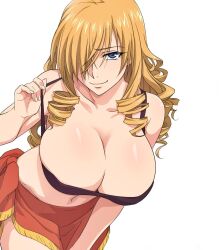 Rule 34 | 1girl, blonde hair, blue eyes, breasts, clothes pull, drill hair, hair over one eye, hand on leg, hand on own leg, hand on own thigh, hand on thigh, highres, large breasts, leaning forward, long hair, mature female, midriff, navel, oriana thomason, sarong, smile, strapless, tank top, teasing, toaru majutsu no index, top pull