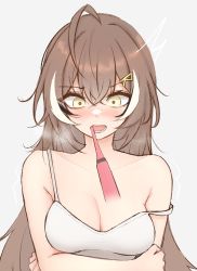 Rule 34 | 1girl, ahoge, alternate costume, bare arms, bare shoulders, breasts, brown eyes, brown hair, brushing teeth, camisole, cleavage, collarbone, constricted pupils, crossed arms, crossed bangs, hair between eyes, hair down, hair ornament, hairclip, highres, hololive, hololive english, long hair, looking at object, m r b, medium breasts, nanashi mumei, no bra, open mouth, pov, runes, shirt, shrugging, simple background, strap slip, surprised, toothbrush, toothpaste, upper body, very long hair, virtual youtuber, white shirt