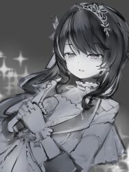 absurdres azki_(hololive) bow choker frilled_choker frills greyscale hair_ornament highres holding holding_microphone hololive looking_to_the_side medium_hair microphone monochrome multicolored_hair nanashi_(nlo) open_mouth sparkle_background streaked_hair tiara virtual_youtuber