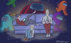 Rule 34 | 1girl, 2boys, aged up, among us, couch, family, father and son, formal, happy, highres, jacket, maybemayura, multiple boys, pinup (style), playing, playing games, socks, star (sky), suit, suit jacket, tablet pc, video game
