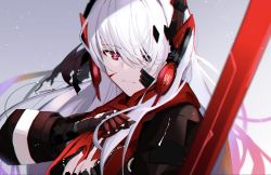 Rule 34 | 1girl, absurdres, closed mouth, expressionless, grey background, hair ornament, headphones, highres, long hair, looking at viewer, lucia: crimson abyss (punishing: gray raven), mechanical arms, punishing: gray raven, red eyes, red scarf, scarf, solo, sparks summer, sword, weapon, white hair