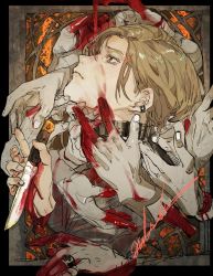Rule 34 | 1boy, black border, bleeding, blonde hair, blood, blood on hands, border, cross, disembodied limb, dripping, earrings, fingernails, green eyes, hand on another&#039;s face, highres, hiranko, holding, holding knife, holding weapon, injury, jewelry, knife, male focus, original, parted lips, ring, signature, smeared blood, solo, turtleneck, weapon