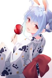 Rule 34 | 1girl, :d, absurdres, alternate costume, animal ear fluff, animal ears, animal print, blue hair, blush, bow, braid, candy apple, carrot print, commentary request, double bun, food, food print, from behind, hair between eyes, hair bun, highres, holding, holding food, hololive, japanese clothes, kimono, long sleeves, looking at viewer, looking back, mizu (lzzrwi603), multicolored hair, open mouth, print kimono, rabbit ears, rabbit print, red bow, red eyes, short eyebrows, sidelocks, sleeves past wrists, smile, solo, thick eyebrows, two-tone hair, usada pekora, virtual youtuber, white background, white hair, white kimono, wide sleeves, yukata