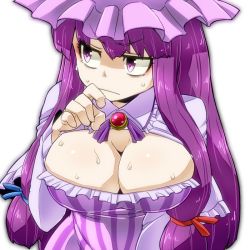 Rule 34 | 1girl, aono3, breasts, brooch, capelet, cleavage, cleavage cutout, clothing cutout, commentary request, dress, furrowed brow, hat, jewelry, large breasts, long hair, looking to the side, mob cap, patchouli knowledge, purple eyes, purple hair, solo, striped clothes, striped dress, sweat, touhou, very long hair, white background
