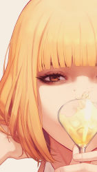 Rule 34 | 10s, 1girl, blonde hair, brown eyes, close-up, cup, drinking glass, heart, heart-shaped pupils, highres, long hair, looking at viewer, midorikawa hana, prison school, solo, symbol-shaped pupils, vocky, wine glass