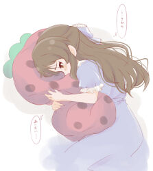 Rule 34 | 1girl, blue dress, blush, brown hair, commentary request, dress, frilled sleeves, frills, half updo, highres, hugging object, idolmaster, idolmaster cinderella girls, long hair, lying, on side, onion (lemlaml), profile, short sleeves, simple background, solo, strawberry-shaped pillow, tachibana arisu, thought bubble, translation request, very long hair, white background