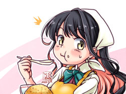 Rule 34 | 1girl, ^^^, apron, artist logo, bandana, black hair, blue bow, blue bowtie, bow, bowtie, commentary request, dated, dress shirt, eating, food, fried rice, halterneck, kantai collection, kutone shirika, long hair, looking at viewer, multicolored hair, naganami (kancolle), pink hair, school uniform, shirt, solo, spoon, upper body, white shirt, yellow apron, yellow eyes