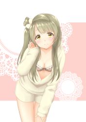 Rule 34 | 10s, 1girl, absurdres, adjusting hair, blush, bow, bow bra, bra, breasts, brown bow, brown bra, brown eyes, cleavage, closed mouth, downblouse, grey hair, hair bow, hand on leg, highres, leaning forward, long hair, looking at viewer, love live!, love live! school idol project, medium breasts, minami kotori, oekaki tako, open clothes, side ponytail, smile, solo, standing, underwear, unzipped