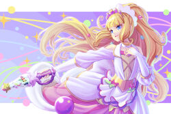 Rule 34 | 1girl, apron, blonde hair, blue eyes, blunt bangs, bridal gauntlets, choker, commentary, cure finale, delicious party precure, dress, kasai amane, long hair, long sleeves, magical girl, ponytail, precure, shrimp1634, sidelocks, solo, white choker