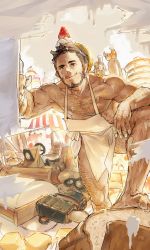 Rule 34 | 1boy, apron, arm hair, baking, bara, bare arms, bare pectorals, bare shoulders, barefoot, beard, biceps, body hair, bread, brown hair, chest hair, cream, cream on body, cream on face, dessert, facial hair, feet, food, food-themed hair ornament, food on face, goatee, green eyes, hair ornament, hairy, headgear, highres, honey, leg hair, legs, licking lips, long sideburns, looking at viewer, male focus, monkey, muscular, muscular male, mustache, naked apron, no pants, no shoes, original, p!k@ru, pectoral cleavage, pectorals, short hair, sideburns, sidepec, smile, solo, strawberry hair ornament, thick eyebrows, thick thighs, thighhighs, thighs, tongue, tongue out, topless male, very short hair, whipped cream, white apron