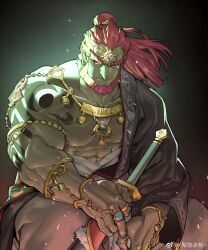 Rule 34 | 1boy, abs, absurdres, armlet, bara, bare pectorals, beard, biceps, bracelet, closed mouth, collarbone, colored skin, commentary request, earrings, facial hair, ganondorf, gerudo, green skin, highres, jewelry, ju neng binggui, long hair, long sideburns, looking at viewer, male focus, muscular, muscular male, necklace, nintendo, pectorals, ponytail, red eyes, red hair, ring, sideburns, single bare shoulder, sitting, solo, the legend of zelda, the legend of zelda: tears of the kingdom, thick eyebrows, v-shaped eyebrows