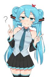 Rule 34 | 1girl, ?, absurdres, bare shoulders, black thighhighs, blush, breasts, closed mouth, collared shirt, cowboy shot, double v, green eyes, green hair, green necktie, hair ornament, hands up, hatsune miku, highres, long hair, medium breasts, miniskirt, necktie, peps art, pleated skirt, shiny skin, shirt, simple background, skirt, smile, solo, thighhighs, tie clip, twintails, v, vocaloid, white background