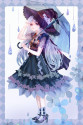 Rule 34 | 1girl, absurdres, argyle, argyle background, argyle clothes, black dress, black footwear, black hat, blue background, blue eyes, blue flower, border, breasts, commentary request, dress, flower, full body, gradient hair, grey hair, hand up, hat, high heels, highres, holding, holding umbrella, komorihikki, lace sleeves, light blue nails, light purple hair, long hair, looking at viewer, medium breasts, multicolored hair, nail polish, original, parasol, purple background, short sleeves, socks, solo, transparent, transparent umbrella, umbrella, water drop, white background, white socks, witch hat