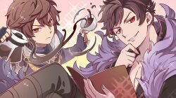 Rule 34 | 2boys, artist request, belial (granblue fantasy), bishounen, book, brown hair, coffee, coffee cup, coffee pot, commentary, commentary request, cup, disposable cup, feather boa, fingerless gloves, floating liquid, fujimura ayumi, gloves, gradient background, granblue fantasy, hair between eyes, hand on own face, holding, holding book, hood, hood down, light smile, multiple boys, official art, parted bangs, pectorals, red eyes, sandalphon (granblue fantasy), sparkle background