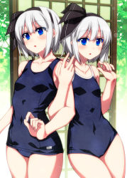 Rule 34 | 2girls, alternate costume, bare shoulders, black hairband, black one-piece swimsuit, black ribbon, blue eyes, blue one-piece swimsuit, blush, breasts, collarbone, commentary request, competition school swimsuit, door, double v, eyelashes, fingernails, hair between eyes, hairband, hands up, highres, konpaku youmu, konpaku youmu (ghost), leaf, looking at viewer, multiple girls, one-piece swimsuit, open mouth, ribbon, sazanami mio, school swimsuit, short hair, silver hair, sky, small breasts, standing, swimsuit, touhou, tree, v, white sky